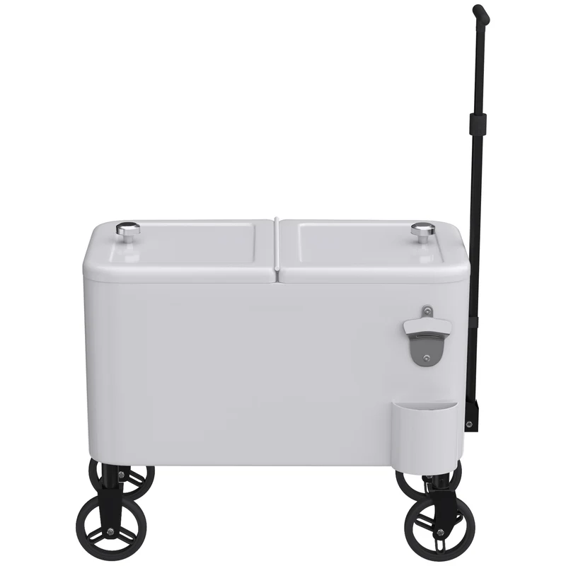 Outsunny Carrito Nevera De 56l Con Ruedas Mango Ajustable Abrebotellas Blanco
