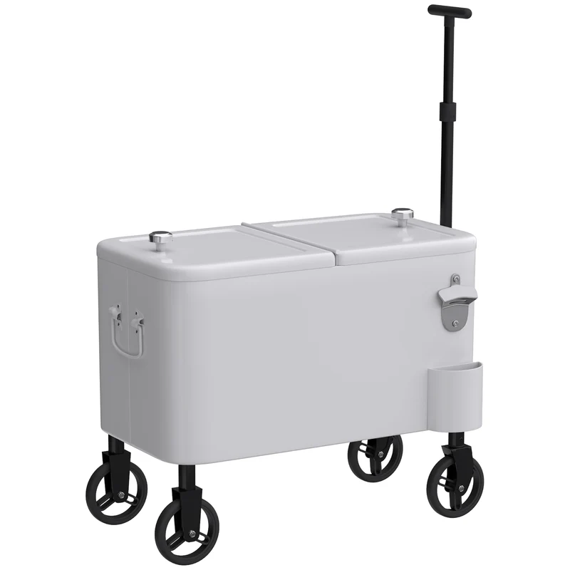 Outsunny Carrito Nevera De 56l Con Ruedas Mango Ajustable Abrebotellas Blanco