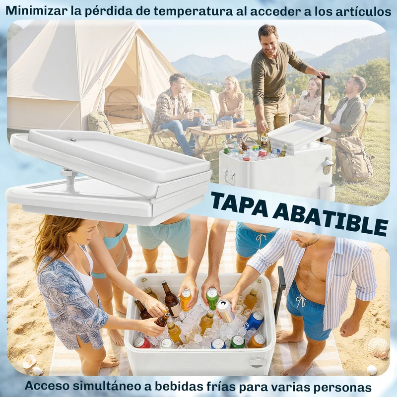 Outsunny Carrito Nevera De 56l Con Ruedas Mango Ajustable Abrebotellas Blanco