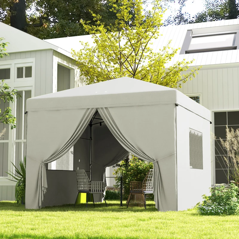 Outsunny Carpa Plegable 3x3 M Con 4 Paredes Laterales Altura Ajustable Blanco