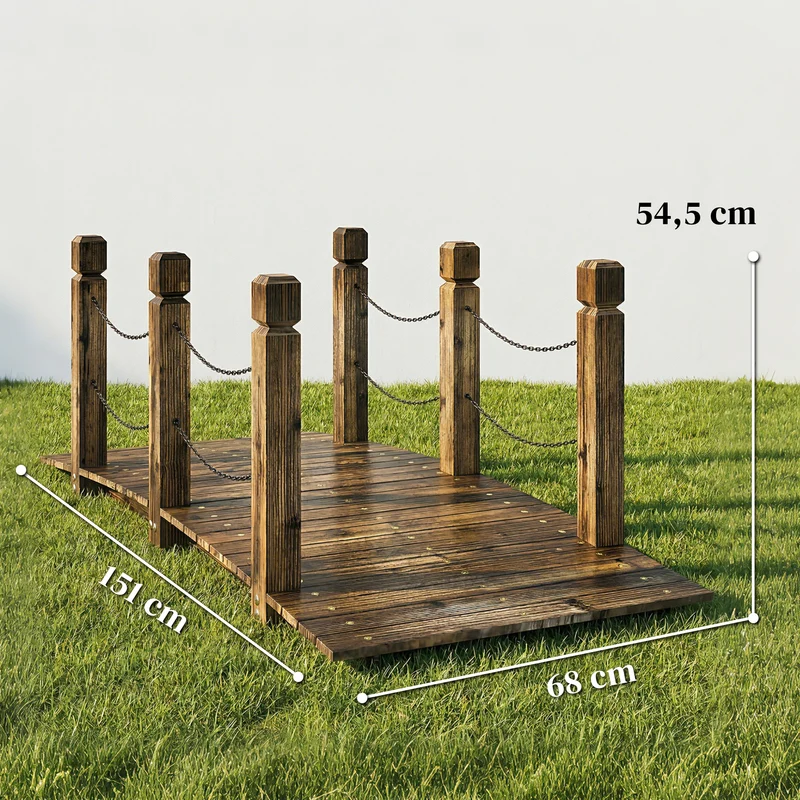 Outsunny Puente De Jardín Rústico De Madera 1,51 M Con Barandillas Carbonizado