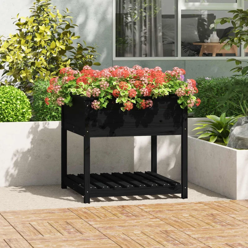 Jardinera Con Estante Madera Maciza Pino Negro 82,5x82,5x81 Cm