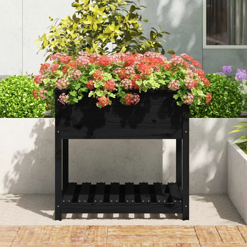 Jardinera Con Estante Madera Maciza Pino Negro 82,5x82,5x81 Cm