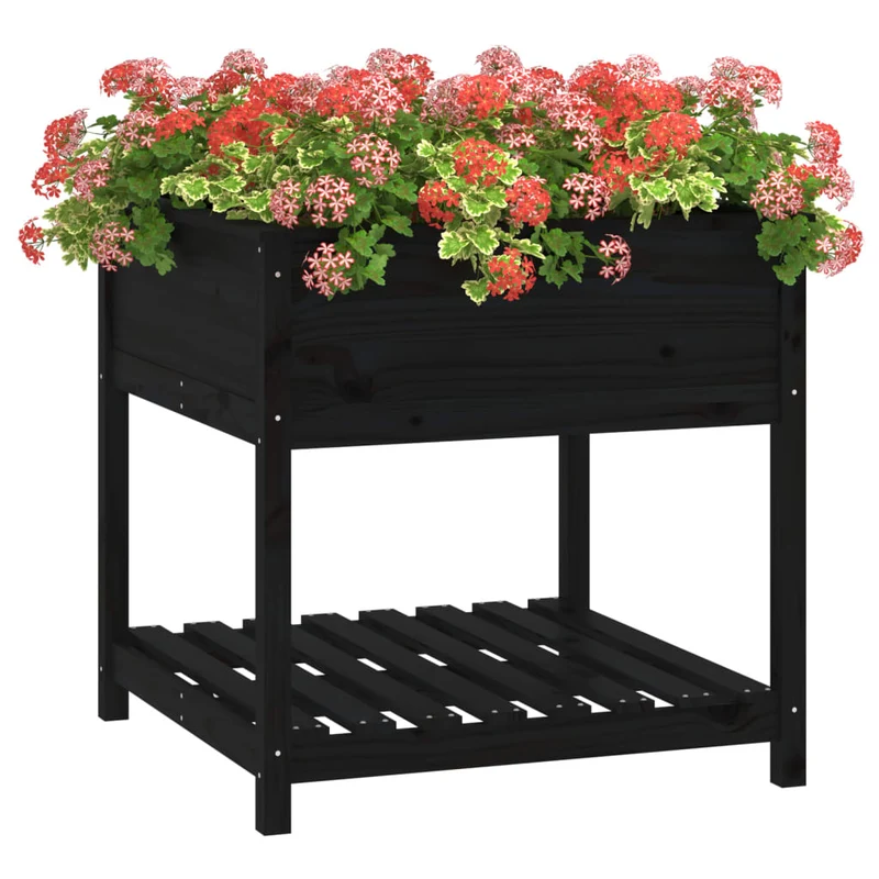 Jardinera Con Estante Madera Maciza Pino Negro 82,5x82,5x81 Cm