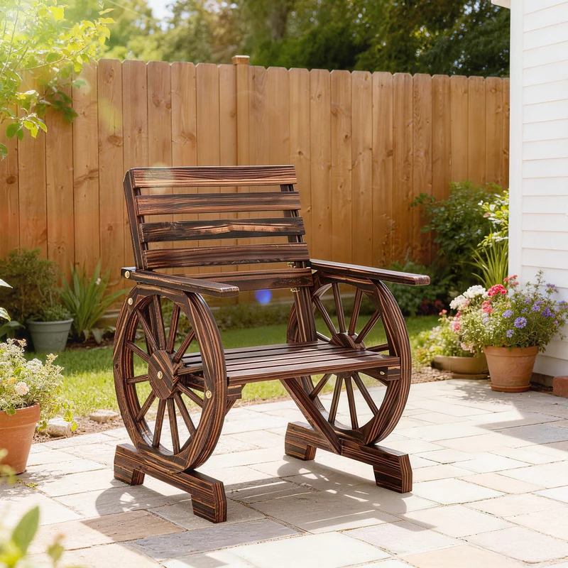 Outsunny Silla De Jardín Exterior De Madera Diseño Rueda Carreta Carbonizado