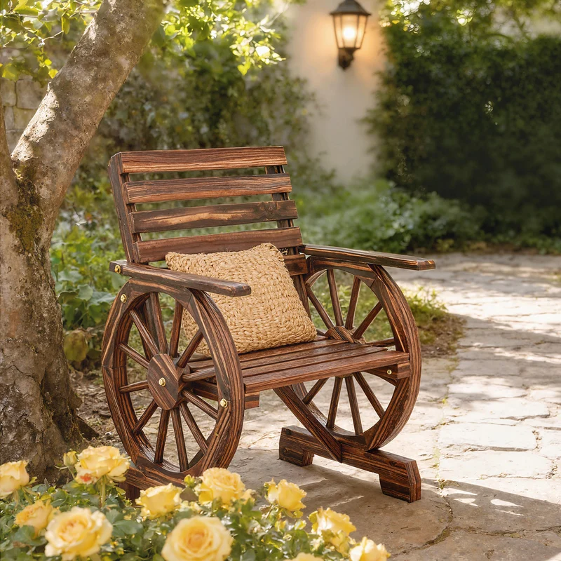 Outsunny Silla De Jardín Exterior De Madera Diseño Rueda Carreta Carbonizado