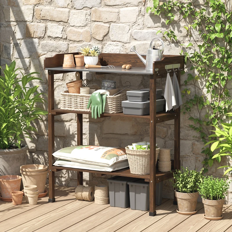 Outsunny Mesa De Plantación De Madera Con Placa Metálica 2 Estantes Carbonizado