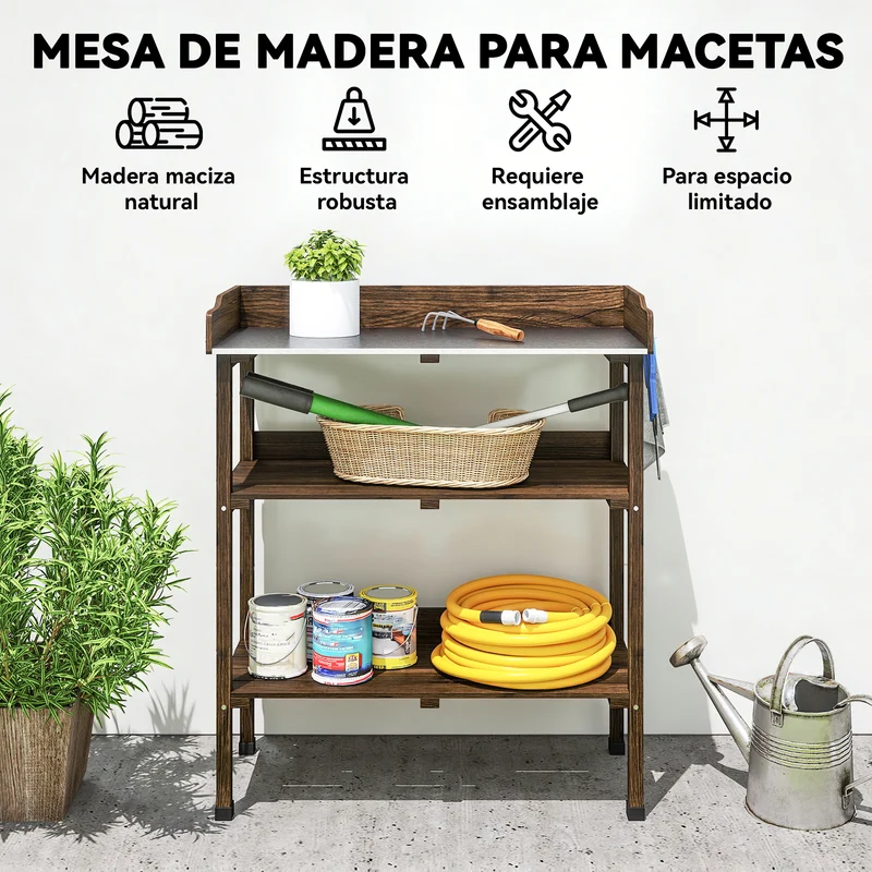 Outsunny Mesa De Plantación De Madera Con Placa Metálica 2 Estantes Carbonizado