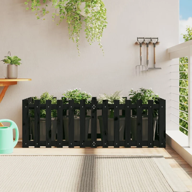 Arriate Elevado Jardín Con Valla Madera Pino Negro 150x50x50cm