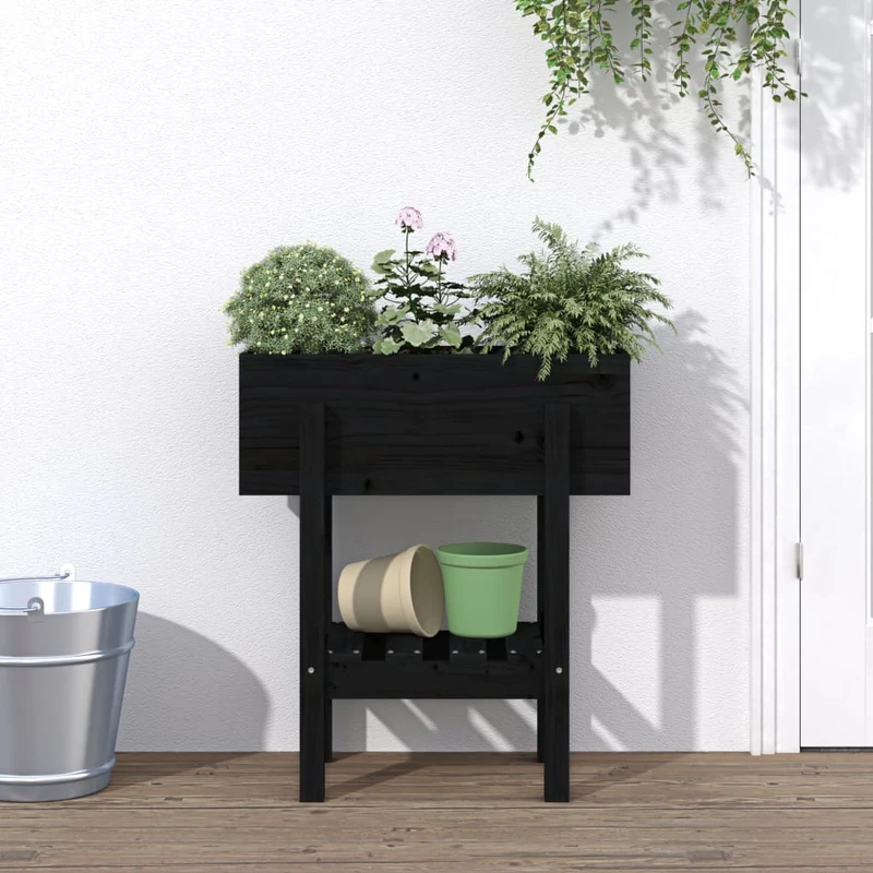 Jardinera Madera Maciza De Pino Negro 62x30x69 Cm