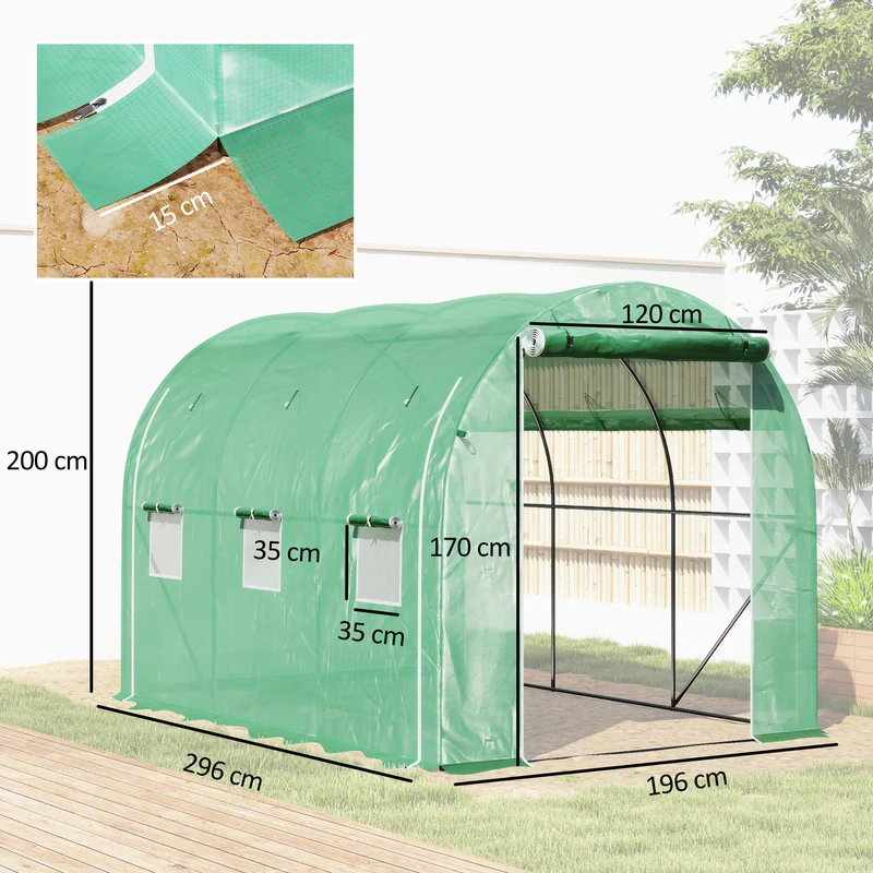 Outsunny Invernadero De Túnel 296x196x200 Cm Con 3 Puertas Y 6 Ventanas Verde