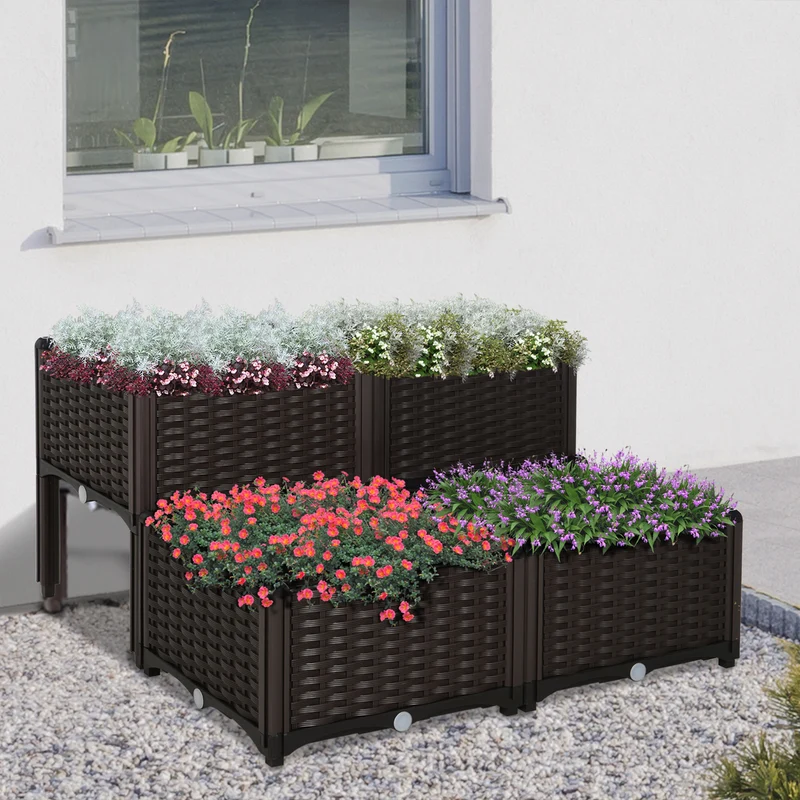 Outsunny 4 Jardineras De Exterior Combinación Libre 40x40x26/44 Cm Marrón