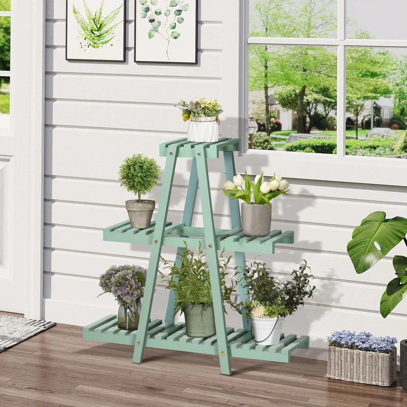 Outsunny Soporte De Madera Para Plantas 3 Niveles Interior Exterior 76x26x76 Cm