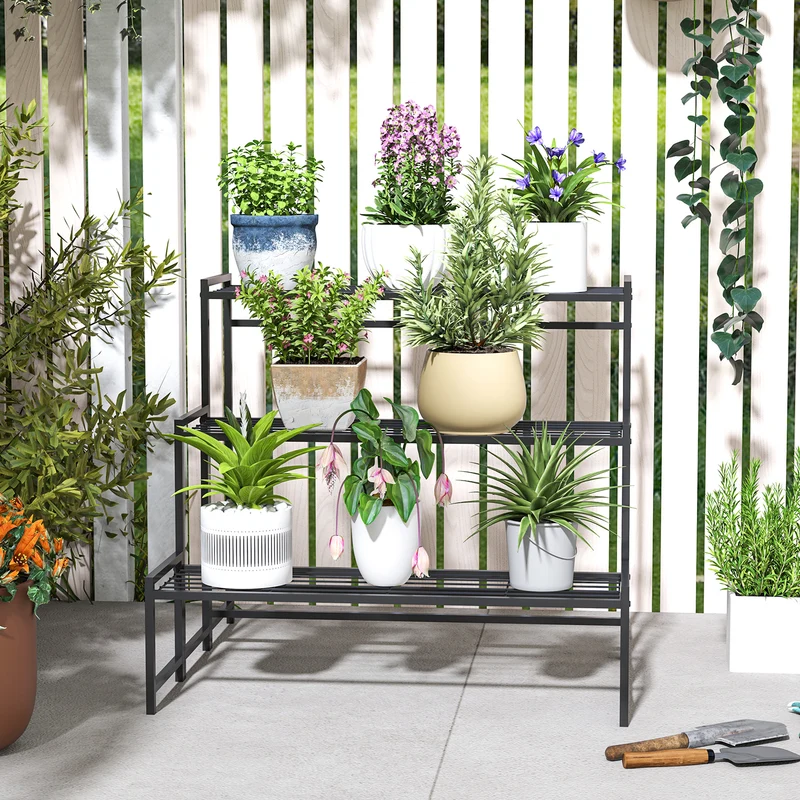 Outsunny Soporte Para Plantas De 3 Niveles Diseño En Escalera 75x70x66 Cm Negro