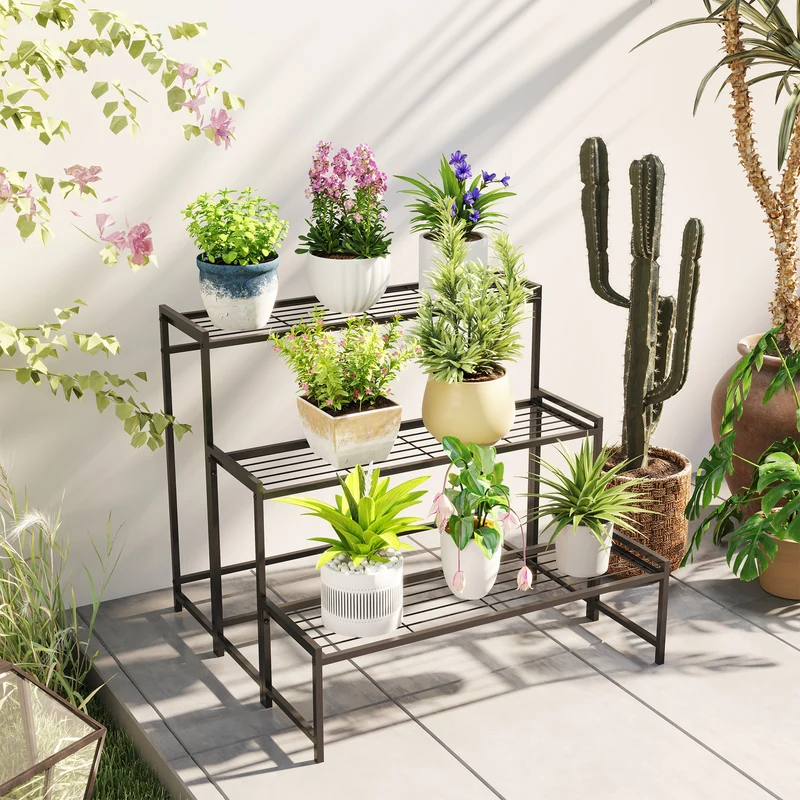 Outsunny Soporte Para Plantas De 3 Niveles Diseño En Escalera 75x70x66 Cm Negro