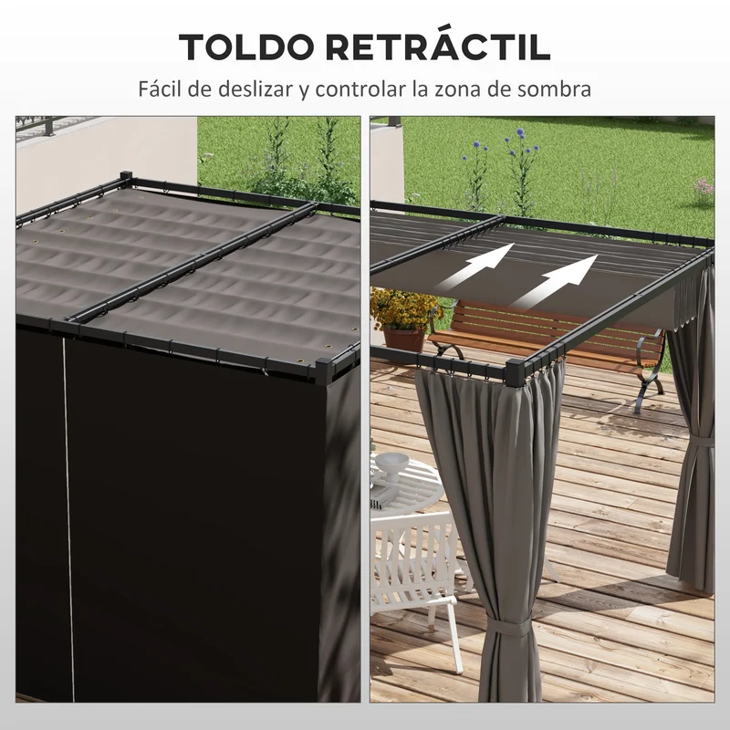 Outsunny Pérgola con Techo Retráctil Pérgola de Jardín 3x3 m Cenador con Paredes Laterales Tela de Poliéster Resistente al Agua Pabellón para Jardín Patio Terraza Exterior Gris