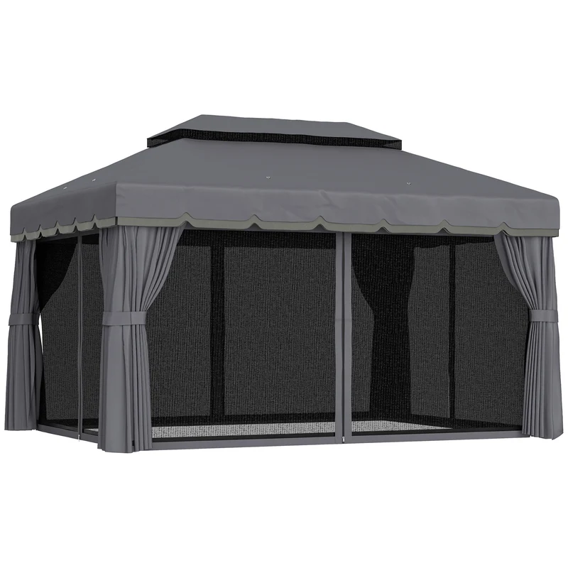 Outsunny Cenador para Jardín de Aluminio 4x3 m Pérgola de Jardín Gazebo con Doble Techo de Ventilación Paredes Laterales Anti-UV Mosquiteras Carpa para Exterior Terraza Patio Gris