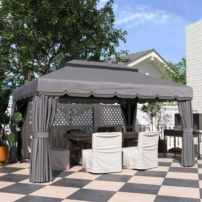 Outsunny Cenador para Jardín de Aluminio 4x3 m Pérgola de Jardín Gazebo con Doble Techo de Ventilación Paredes Laterales Anti-UV Mosquiteras Carpa para Exterior Terraza Patio Gris