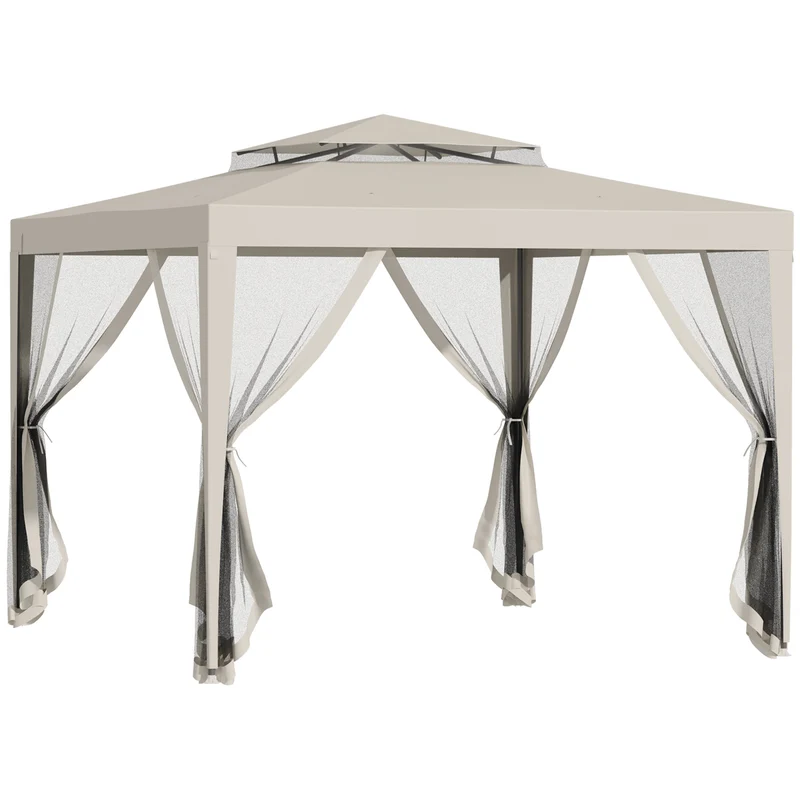 Outsunny Carpa de Jardín 3x3 m Cenador Desmontable de Exterior Gazebo con 4 Mosquiteras Laterales Techo Doble y Marco Metálico Anti-UV Impermeable Pabellón para Terraza Patio Beige
