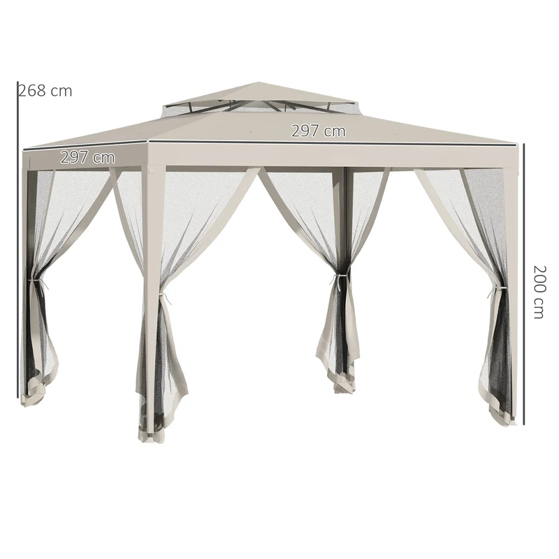 Outsunny Carpa de Jardín 3x3 m Cenador Desmontable de Exterior Gazebo con 4 Mosquiteras Laterales Techo Doble y Marco Metálico Anti-UV Impermeable Pabellón para Terraza Patio Beige