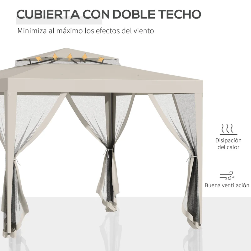 Outsunny Carpa de Jardín 3x3 m Cenador Desmontable de Exterior Gazebo con 4 Mosquiteras Laterales Techo Doble y Marco Metálico Anti-UV Impermeable Pabellón para Terraza Patio Beige