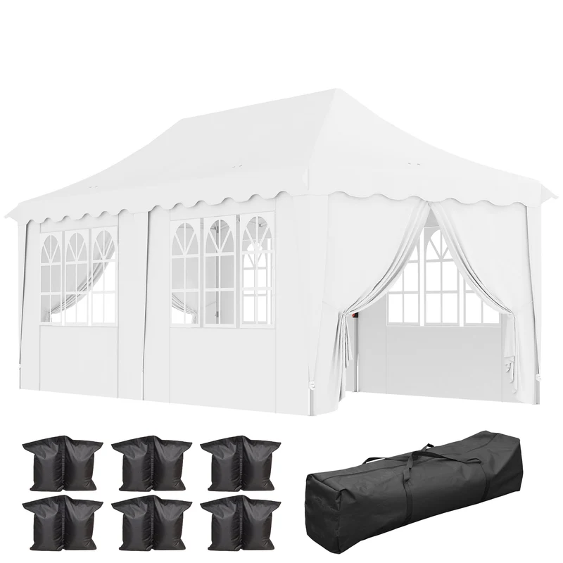 Outsunny Carpa Plegable Pop-up Gazebo 6x3x3,15 m Cenador Plegable con 6 Paredes Laterales Anti-UV Altura Ajustable Bolsa de Arena y Bolsa de Transporte para Camping Fiestas Blanco