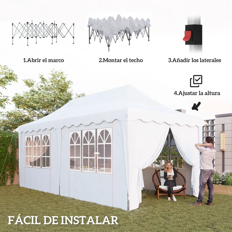 Outsunny Carpa Plegable Pop-up Gazebo 6x3x3,15 m Cenador Plegable con 6 Paredes Laterales Anti-UV Altura Ajustable Bolsa de Arena y Bolsa de Transporte para Camping Fiestas Blanco