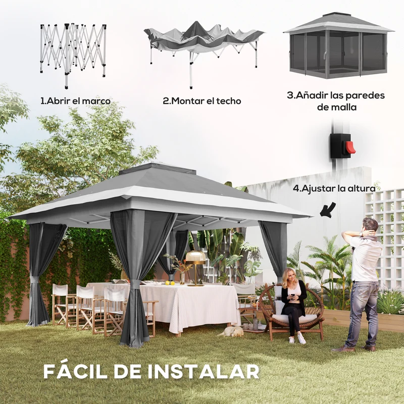 Outsunny Carpa Plegable Gazebo 3,6x3,6 m Cenador Plegable con 4 Paredes Laterales de Malla Anti-UV Altura Ajustable Bolsa de Arena y Bolsa de Transporte para Camping Fiestas Gris Oscuro