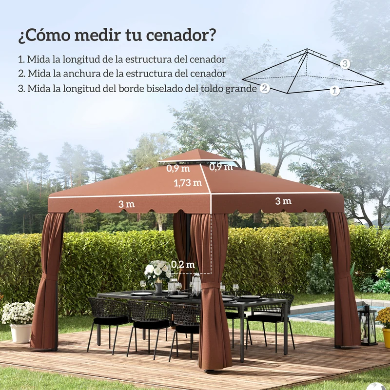 Outsunny Techo de Repuesto para Cenador 3x3 m Cubierta de Repuesto con Techo Doble con 8 Orificios de Drenaje Toldo de Recambio para Pabellón Gazebo Café
