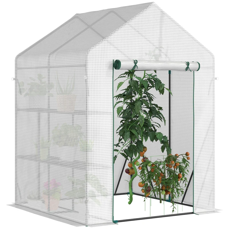Outsunny Invernadero de Exterior Invernadero Pequeño con 4 Estantes Puerta Enrollable con Cremallera y Marco de Acero Invernadero para Cultivos Plantas Flores 143x143x195 cm Blanco