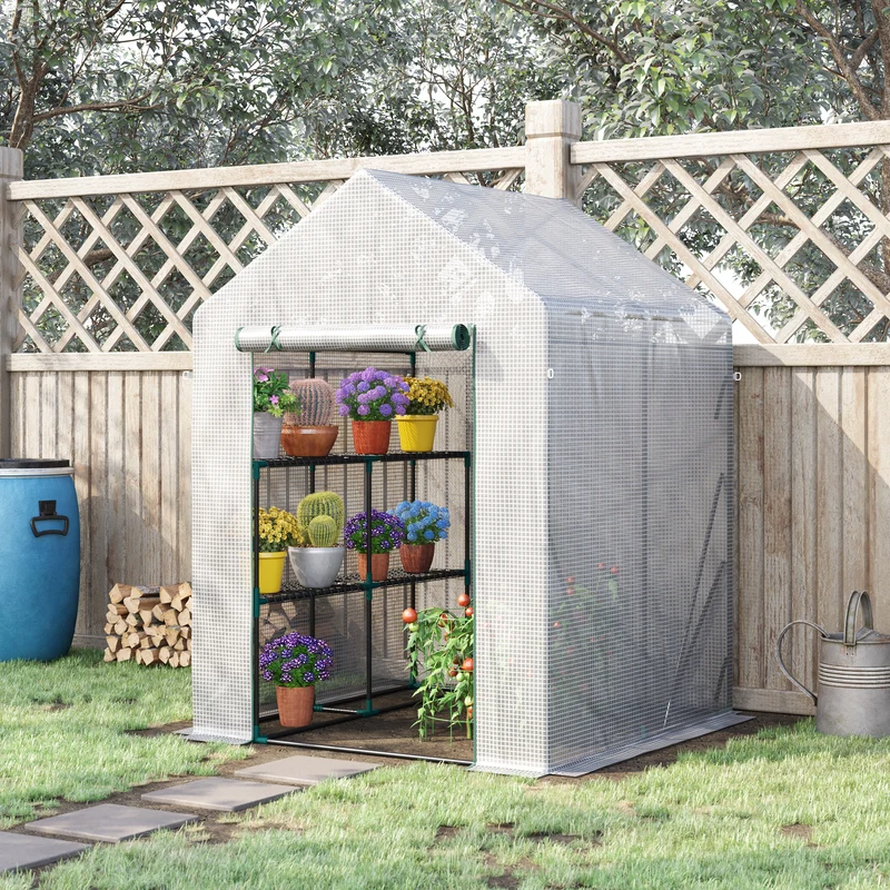 Outsunny Invernadero de Exterior Invernadero Pequeño con 4 Estantes Puerta Enrollable con Cremallera y Marco de Acero Invernadero para Cultivos Plantas Flores 143x143x195 cm Blanco