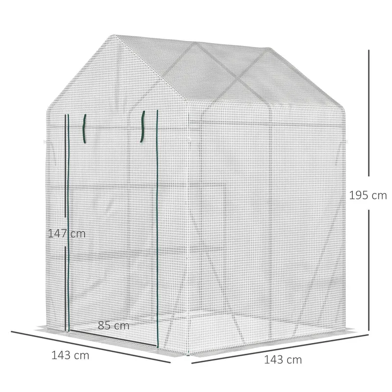 Outsunny Invernadero de Exterior Invernadero Pequeño con 4 Estantes Puerta Enrollable con Cremallera y Marco de Acero Invernadero para Cultivos Plantas Flores 143x143x195 cm Blanco