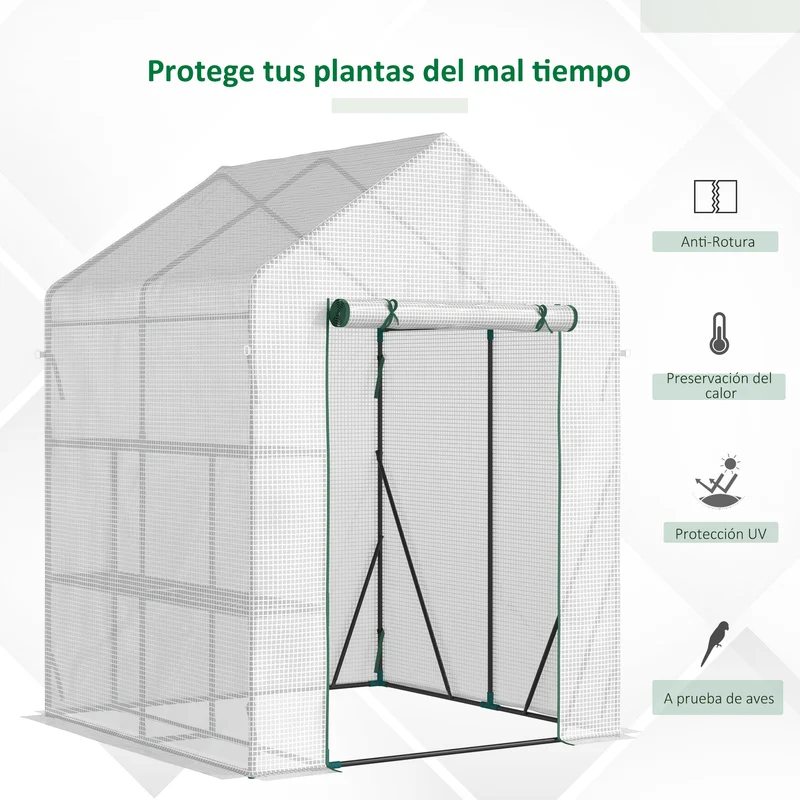 Outsunny Invernadero de Exterior Invernadero Pequeño con 4 Estantes Puerta Enrollable con Cremallera y Marco de Acero Invernadero para Cultivos Plantas Flores 143x143x195 cm Blanco