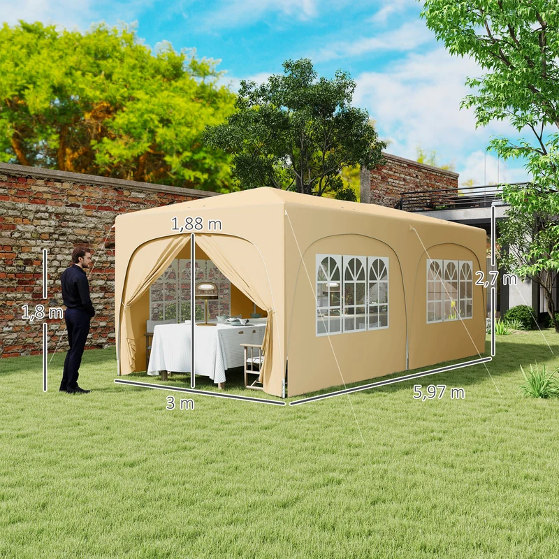 Outsunny Carpa Plegable Gazabo 3x6 m con Paneles Laterales UPF50+ Cenador Pabellón de Jardín con Altura Ajustable y Bolsa de Transporte para Camping Fiestas Patio Terraza Arena