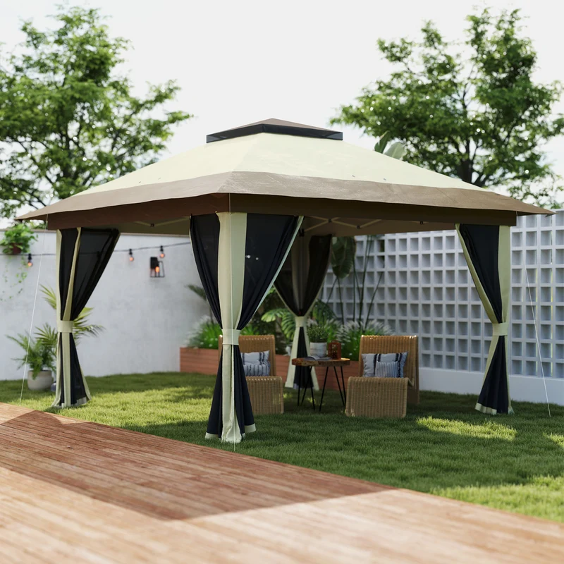 Outsunny Carpa Plegable Gazebo 3,6x3,6 m Cenador Plegable con 4 Paredes Laterales de Malla Anti-UV Altura Ajustable Bolsa de Arena y Bolsa de Transporte para Camping Fiestas Crema