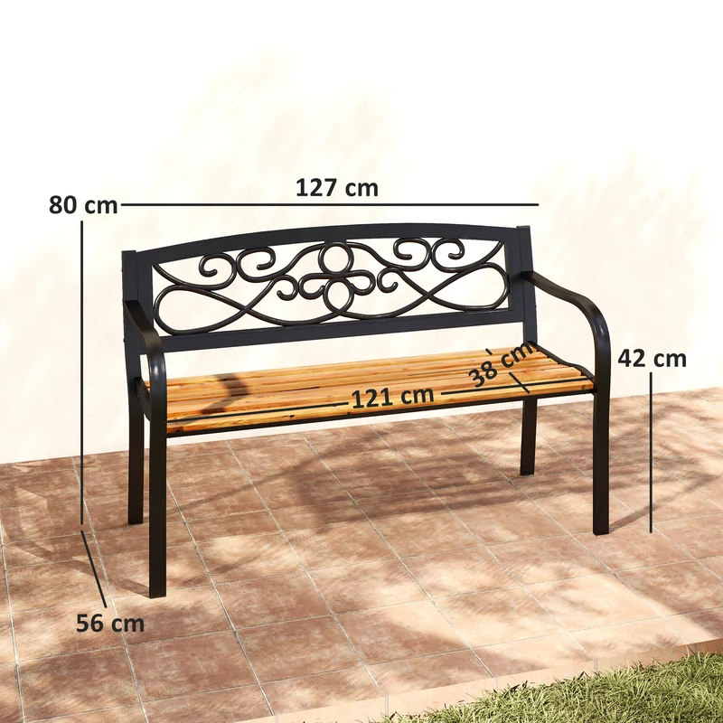 Outsunny Banco de Jardín Exterior de 2 Plazas Banco de Exterior con Asiento de Madera y Marco de Acero para Patio Terraza 127x56x80 cm Negro y Natural