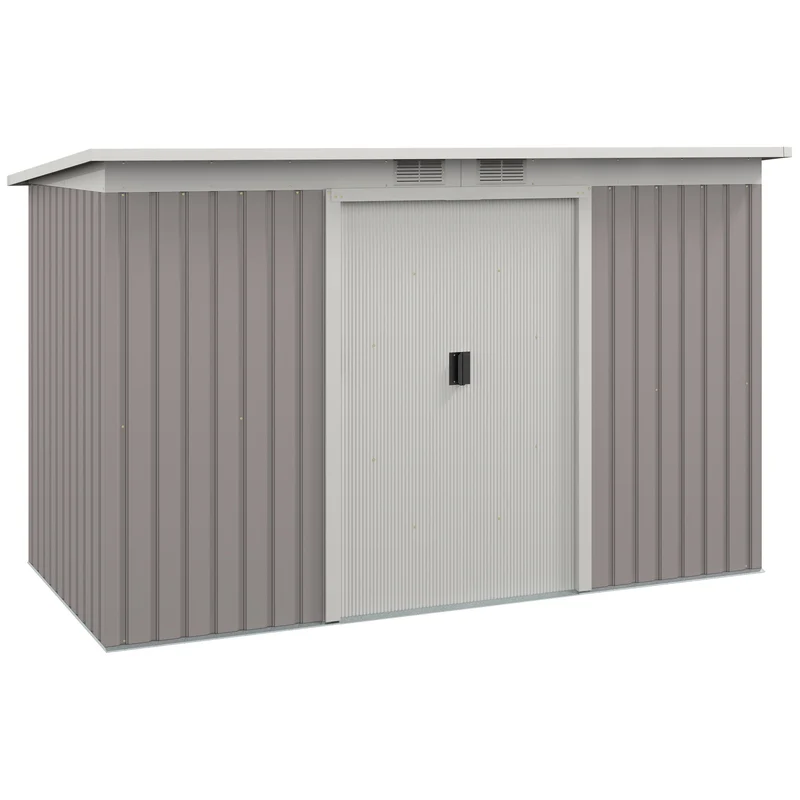 Outsunny Caseta de Jardín Exterior 3,2 m² 280x130x172 cm Cobertizo de Jardín Exterior con Puerta Corredera Techo Inclinado Base Refuerzo (Suelo NO Incluido) y 2 Ventanas Gris Claro
