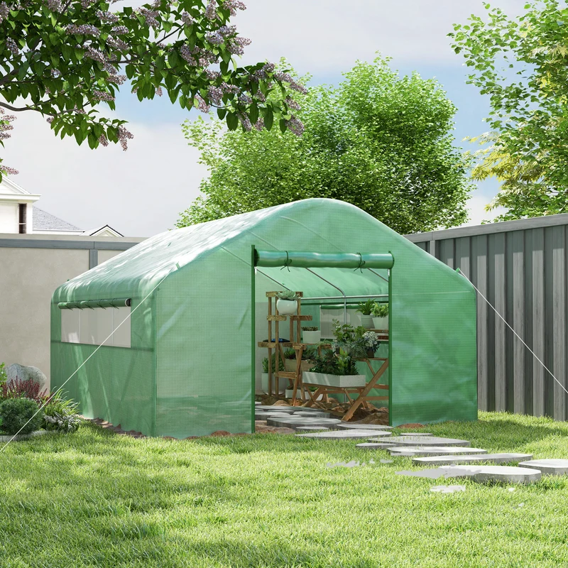 Outsunny Invernadero de Exterior 4x3x2 m Invernadero de Túnel con 2 Ventanas Cubierta de PE Anti-UV y 1 Puerta Enrollable con Cremallera Invernadero para Jardín Patio Verde