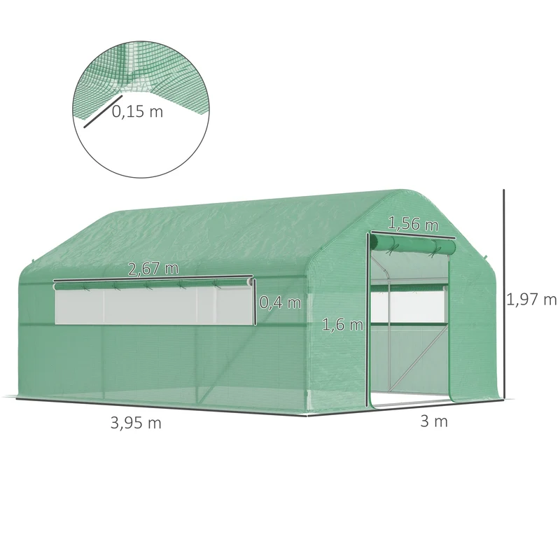 Outsunny Invernadero de Exterior 4x3x2 m Invernadero de Túnel con 2 Ventanas Cubierta de PE Anti-UV y 1 Puerta Enrollable con Cremallera Invernadero para Jardín Patio Verde