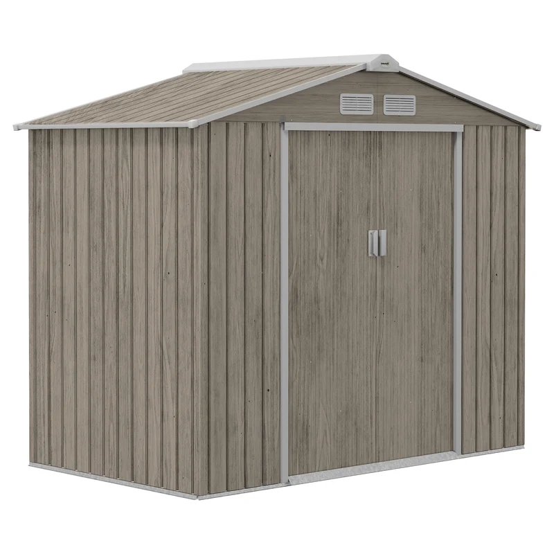 Outsunny Cobertizo de Jardín 2,42m² Efecto Madera con Base de Refuerzo Sin Suelo 213x130x185 cm Caseta de Jardín Exterior con 2 Puertas Correderas y 4 Ventanas para Almacenamiento de Herramientas