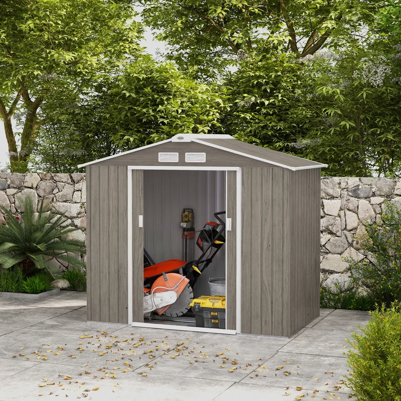 Outsunny Cobertizo de Jardín 2,42m² Efecto Madera con Base de Refuerzo Sin Suelo 213x130x185 cm Caseta de Jardín Exterior con 2 Puertas Correderas y 4 Ventanas para Almacenamiento de Herramientas