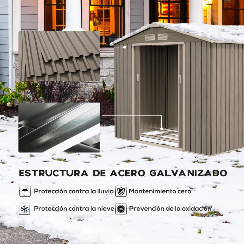 Outsunny Cobertizo de Jardín 2,42m² Efecto Madera con Base de Refuerzo Sin Suelo 213x130x185 cm Caseta de Jardín Exterior con 2 Puertas Correderas y 4 Ventanas para Almacenamiento de Herramientas