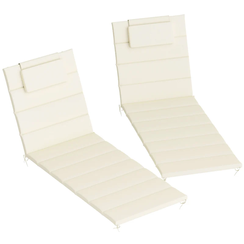 Outsunny Pack 2 Cojines para Tumbonas Plegables Colchonetas para Tumbonas de Jardín Exterior 203x66x3 cm con Reposacabezas y Correas de Sujeción Crema