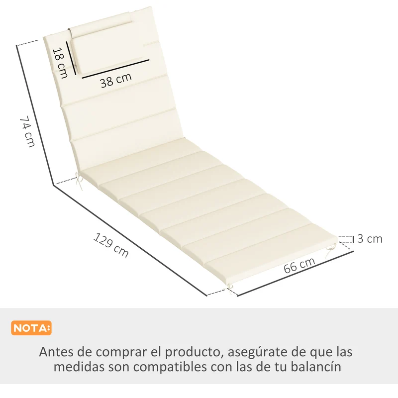 Outsunny Pack 2 Cojines para Tumbonas Plegables Colchonetas para Tumbonas de Jardín Exterior 203x66x3 cm con Reposacabezas y Correas de Sujeción Crema