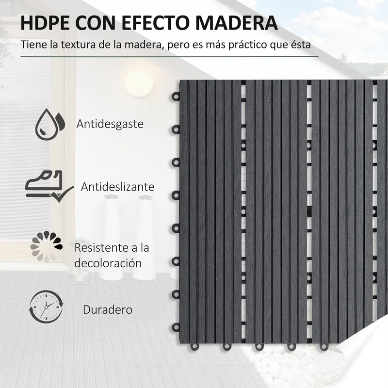 Outsunny Set de 11 Piezas Baldosas de Exterior 30x30 cm 1 m² Suelo de Jardín Exterior Antideslizantes y Resistentes al Clima de Fácil Instalación para Jardín Terraza Balcón Gris