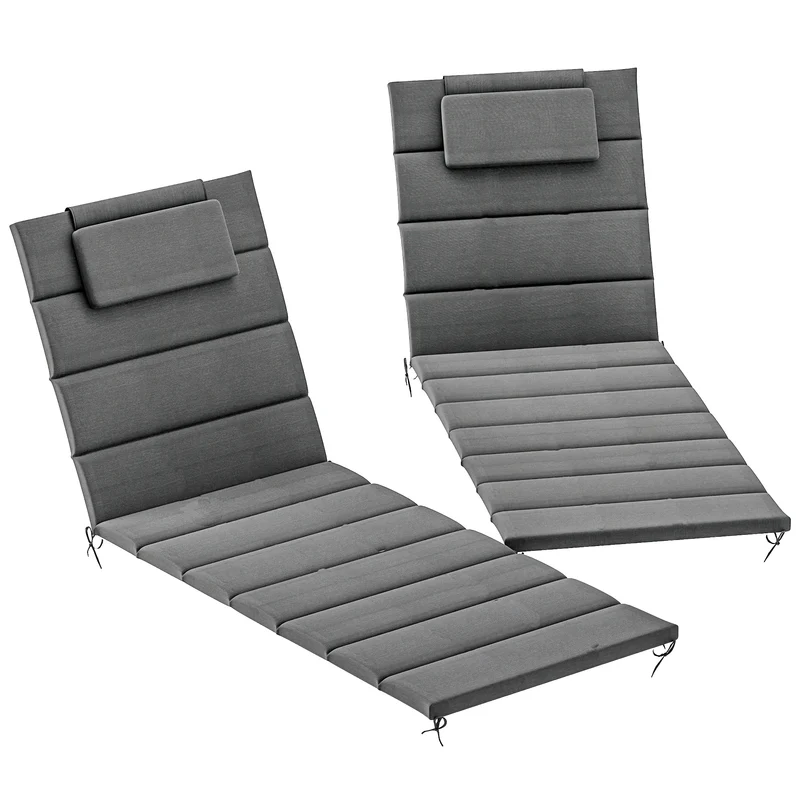 Outsunny Pack 2 Cojines para Tumbonas Plegables Colchonetas para Tumbonas de Jardín Exterior 203x66x3 cm con Reposacabezas y Correas de Sujeción Gris Oscuro