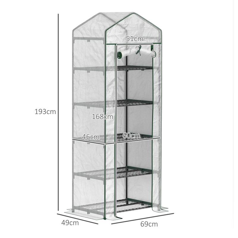 Outsunny Invernadero Pequeño Invernadero de Exterior con Estantes de 5 Niveles Puerta Enrollable con Cremallera y Marco de Acero Invernadero para Cultivar Plantas Flores 69x49x193 cm Transparente