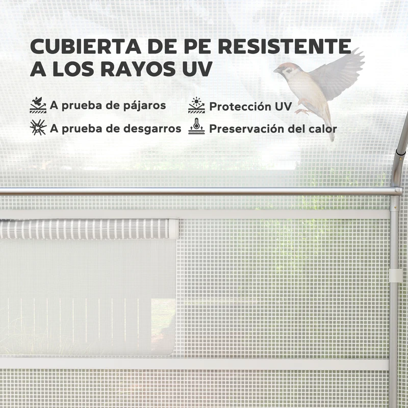 Outsunny Invernadero de Exterior 4x3x2 m Invernadero de Túnel con 2 Ventanas Cubierta de PE Anti-UV y 1 Puerta Enrollable con Cremallera Invernadero para Jardín Patio Blanco
