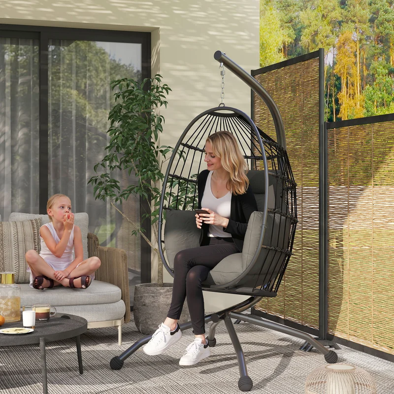 Outsunny Silla Colgante Huevo con Soporte Columpio Jardín Exterior con Cesta Plegable Cojín y Reposacabezas Columpio Colgante para Interior y Exterior Carga 120 kg Negro