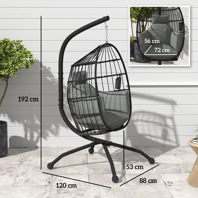 Outsunny Silla Colgante Huevo con Soporte Columpio Jardín Exterior con Cesta Plegable Cojín y Reposacabezas Columpio Colgante para Interior y Exterior Carga 120 kg Negro